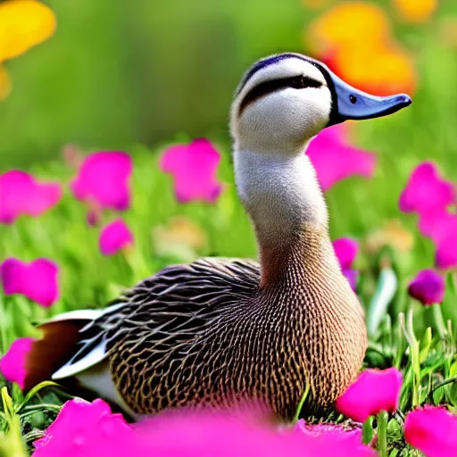 Prompt: Cute duck in a field of flowers