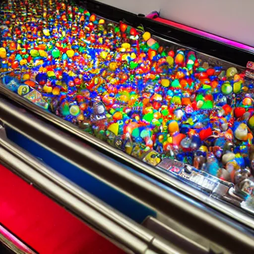 Prompt: a pinball machine overflowing with coloured marbles