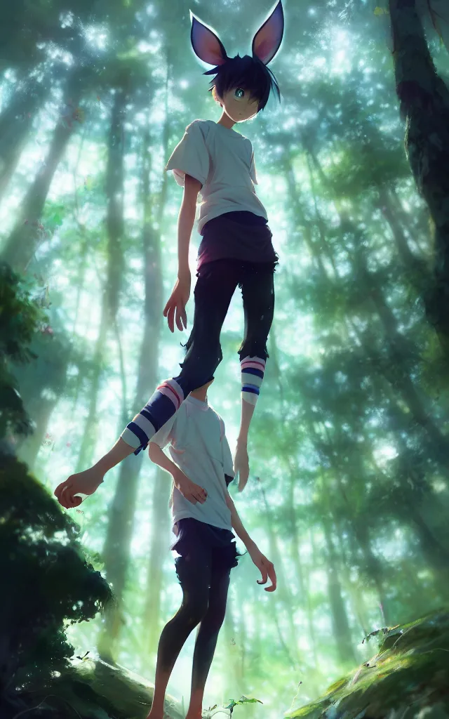 Image similar to a beautiful fullbody portrait of a cute anime boy wearing sport clothing and leggings under shorts barefoot in a forest. character design by cory loftis, fenghua zhong, ryohei hase, ismail inceoglu and ruan jia. artstation, volumetric light, detailed, photorealistic, fantasy, rendered in octane