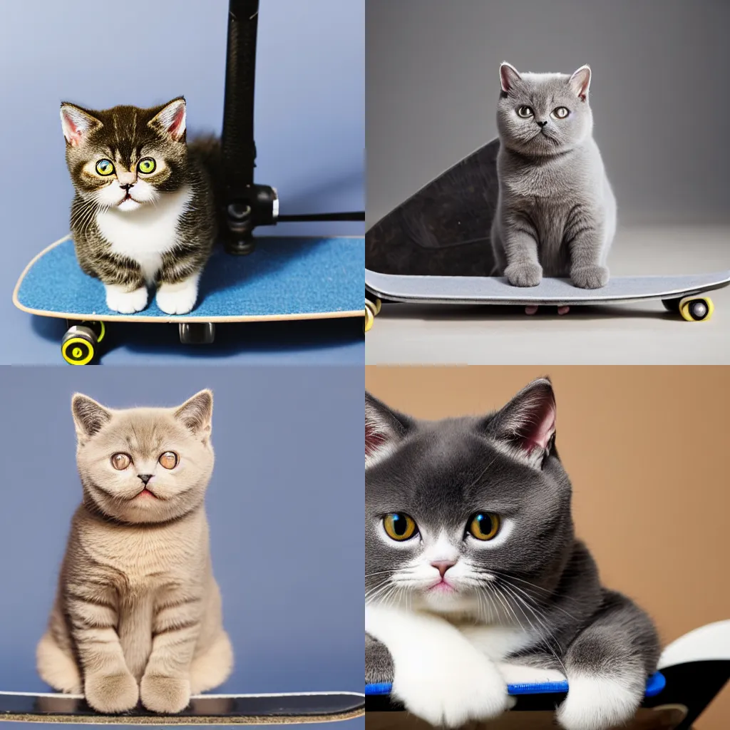 Prompt: Adorable British Shorthair cat kitten, sitting side ways on skate board. Looking straight to camera. Isolated on a white background