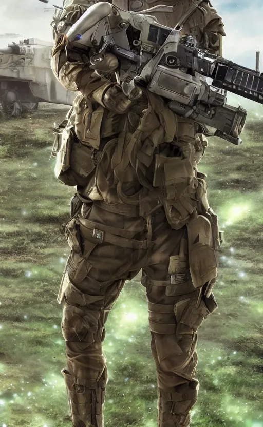 Prompt: girl, trading card front, future soldier clothing, future combat gear, realistic anatomy, war photo, professional, by ufotable anime studio, green screen, volumetric lights, stunning, military camp in the background, metal hard surfaces, generate realistic face, brown eyes, strafing attack plane