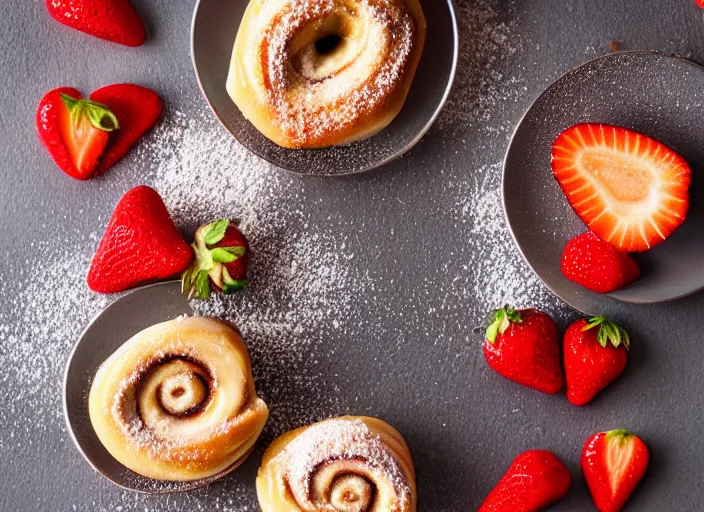 Image similar to sugary hot cinnamon rolls with extra glaze, strawberries, sprinkles, and coins, professional food photography, studio lighting, plating