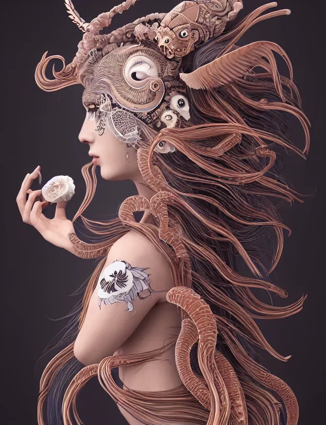 Image similar to 3 d slvic goddess half - turn portrait with long hair with ram skull. beautiful intricately detailed japanese crow kitsune mask and clasical japanese kimono. betta fish, jellyfish phoenix, bio luminescent, plasma, ice, water, wind, creature, artwork by tooth wu and wlop and beeple and greg rutkowski