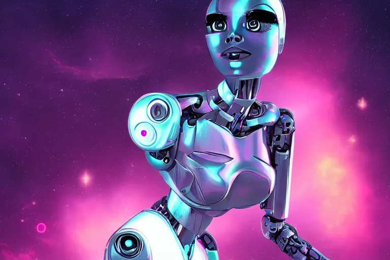 Image similar to a beautiful calm robot girl looking up at the galaxy, digital art, synthwave,