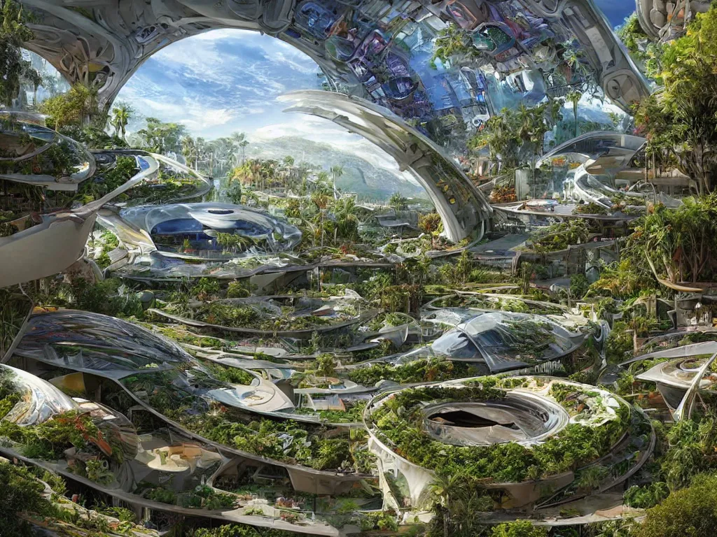 Image similar to an imax view of a eco - friendly solarpunk habitat in a futuristic suburb of los angelescalifornia, art by alejandro burdisio and federico pelat and paolo soleri, hyperrealism