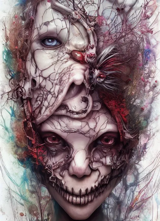 Image similar to Alice in Wonderland,highly detailed,half skull face,cinematic,8k,by Stanley Artgermm,Tom Bagshaw,Greg Rutkowski,Carne Griffiths, Ayami Kojima, Beksinski, Giger,trending on DeviantArt,hyper detailed,horror, full of colour