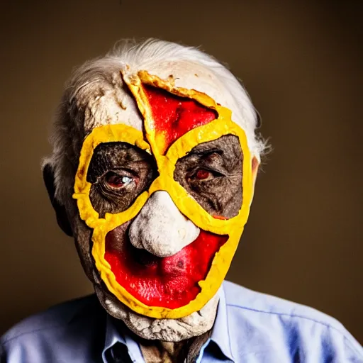 Image similar to an elderly man wearing a mask made from a pizza, bold natural colors, national geographic photography, masterpiece, 8 k, raw, unedited, symmetrical balance