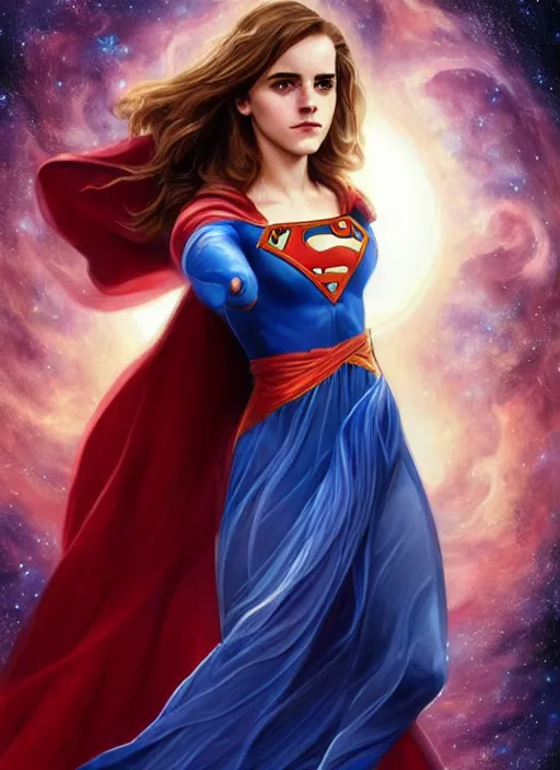 Image similar to emma watson as nature magic celestial, superwoman pose, long hair, soft red and blue transparent cloth, space, D&D, shiny background, intricate, elegant, highly detailed, digital painting, artstation, concept art, smooth, sharp focus, illustration, artgerm, bouguereau