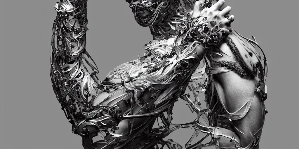 Image similar to hyper realistic photography of a stunningly beautiful cyborg male, elbow, plated arm, intimate, holding hands, ribbons, in the style of beth cavener, jin kagetsu,, and wlop, highly detailed, intricate filigree, symmetry, masterpiece, award winning, sharp focus, concept art, ringflash, ambient lighting, octane render, 8 k, artstation