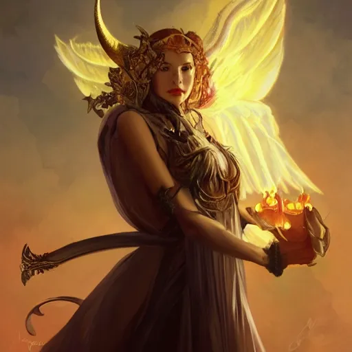 Prompt: a great lucifer, great wings, demon horn, fire on head, long dark hair, intricate, elegant, highly detailed, digital painting, artstation, concept art, smooth, sharp focus, illustration, art by artgerm and greg rutkowski and alphonse mucha