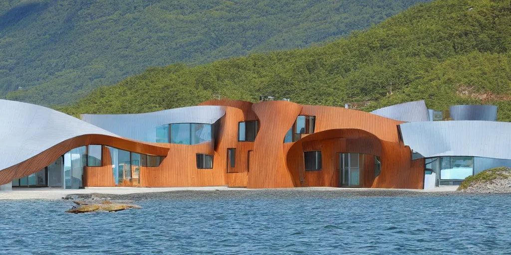 Image similar to modern norwegian fjord beach house designed by frank gehry, contemporary architecture, photography