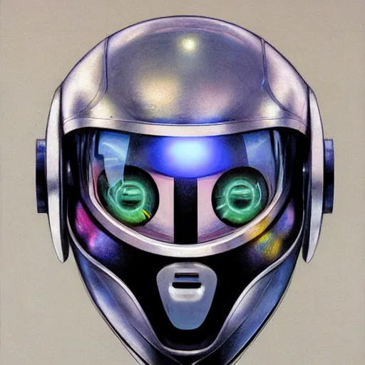 Image similar to a simple concept art portrait of an amazingly designed robot with a sleek modern helmet. an award winning yoshitaka amano digital art poster color painting. a masterpiece by james gurney. poster colour on canvas.