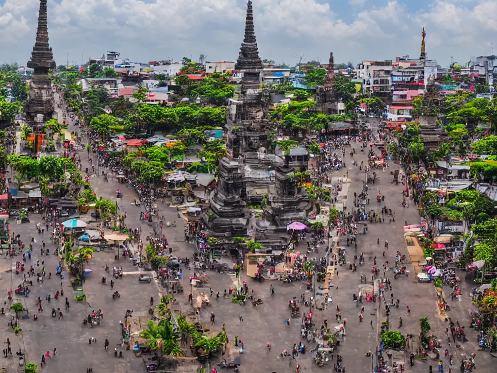 Image similar to tugu jogja with details, and panoramatic view, and dense city crowd feels with javanese wore traditional dress everywhere, high definition art, 4 k images