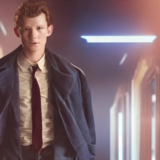 Image similar to tom holland as a rough dirty old man with a scruffy beard in a dark blue trenchcoat as the new doctor who, cinematic, volumetric lighting, f 8 aperture, cinematic eastman 5 3 8 4 film, photorealistic