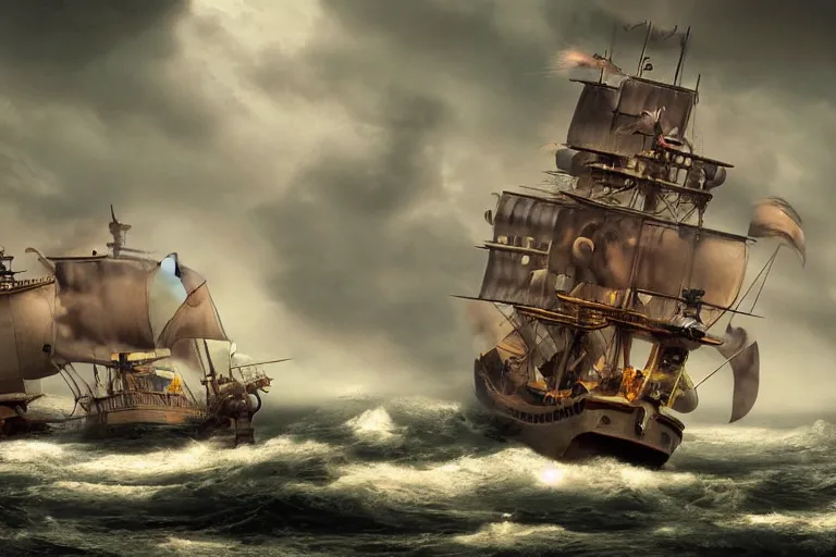 Image similar to epic pirate ship cannon battle in a storm, in the style of vernon grant and chris van allsburg, raging stormy sea, trending on artstation, bright tilt - shift camcorder effect, photoshop, retrowave, hyperrealism, octane, sharp focus, masterpiece