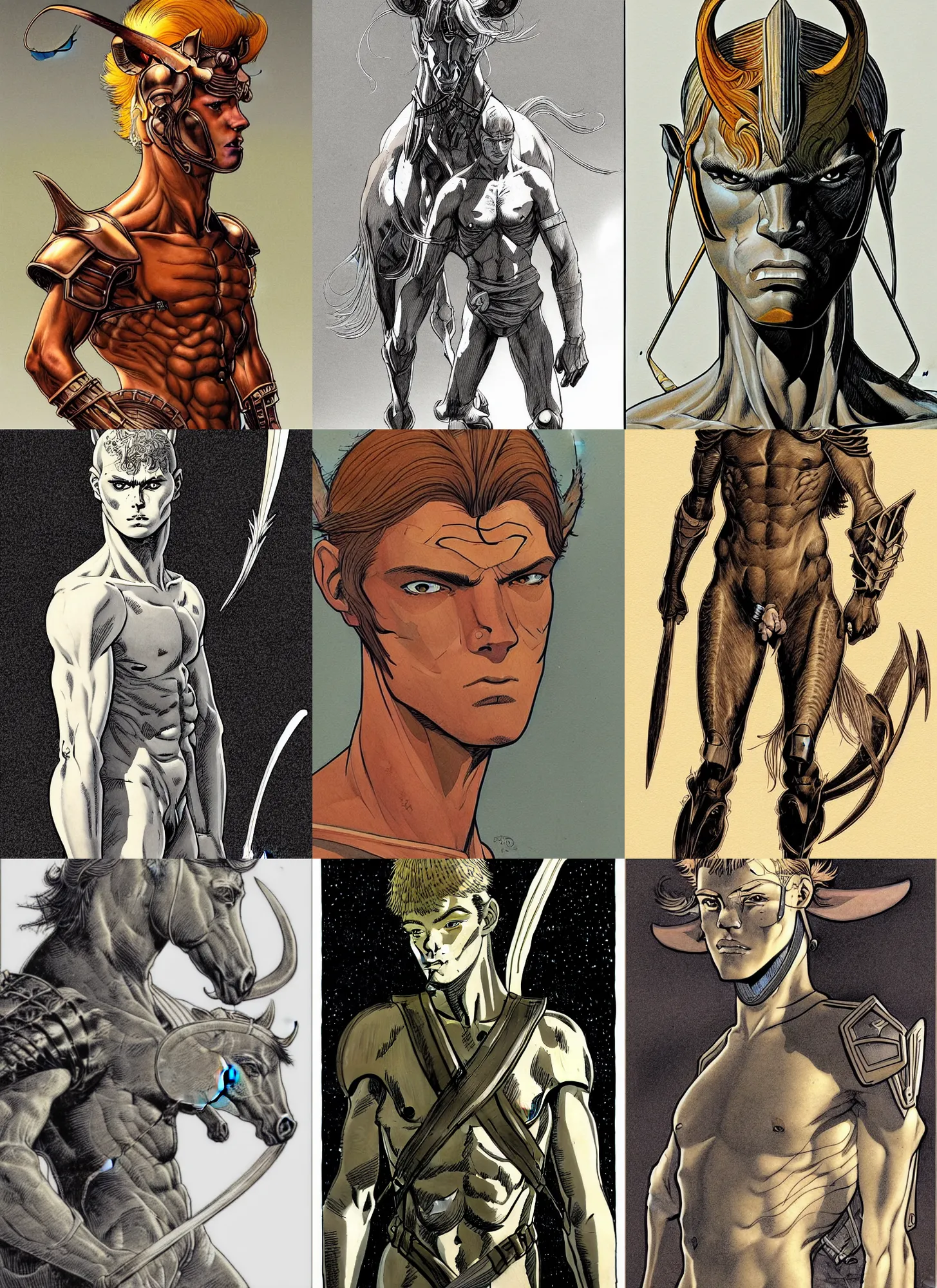 Prompt: young teen male centaur warrior! sci - fi! moebius, milo manara, hugo pratt, french comic art, semi - realistic anime, portrait, beautiful face, symmetrical face, trending on pixiv, detailed, clean lines, sharp lines, crisp lines, award winning illustration, masterpiece, 4 k