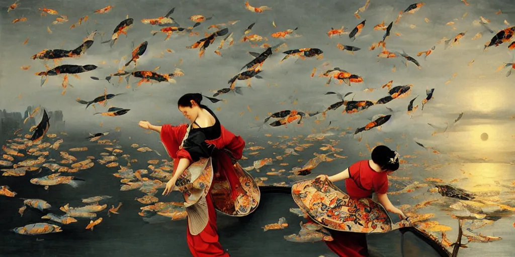 Prompt: beautiful oil matte portrait painting, giant flying koi fishes over manhattan at dusk, wonderful masterpiece highly detailed, beautiful cinematic light deep focus, elegant, digital painting, smooth, sharp focus, golden ratio, dramatic illumination, ultra realistic, 8 k, art by artemisia lomi gentileschi and caravaggio