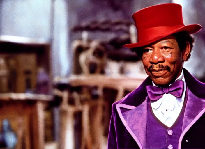 Prompt: a film still of Morgan Freeman as Willy Wonka in Willy Wonka and the Chocolate Factory 1971