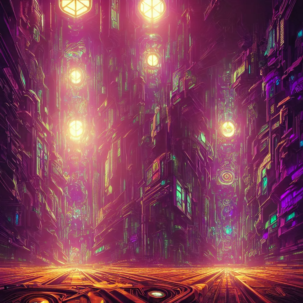 Prompt: psychedelic iris of the eye, dreamy and ethereal, ornate, dynamic lighting, golden ratio, higly detailed, concept art, sharp focus, 4k, symmetry, in the background a futuristic cyberpunk city with lit windows is seen, in the style dan mumford artwork,