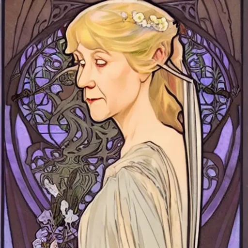 Prompt: helen mirren as galadriel, mucha style,