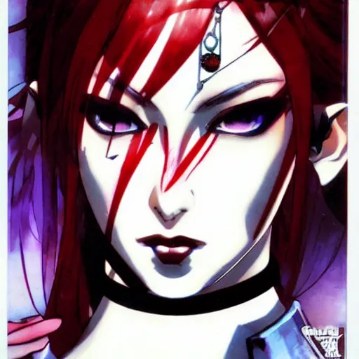 Image similar to beautiful pale - skinned goth girl with a red diamond on her forehead, yoji shinkawa