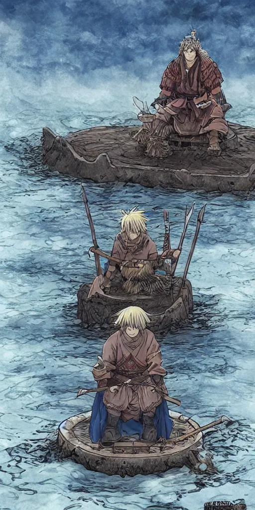 Image similar to a single lone king sitting on a throne floating on water in the middle of a lake drawn by Makoto Yukimura in the style of Vinland saga anime, full color, detailed, wide angle