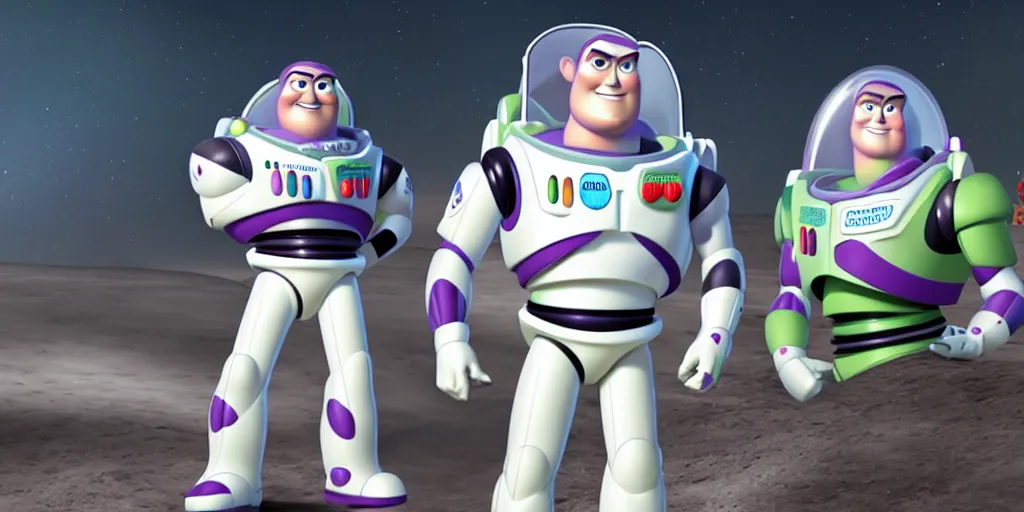 Image similar to buzz lightyear on the moon horror cinematic jordan peele, dark monster aliens blood