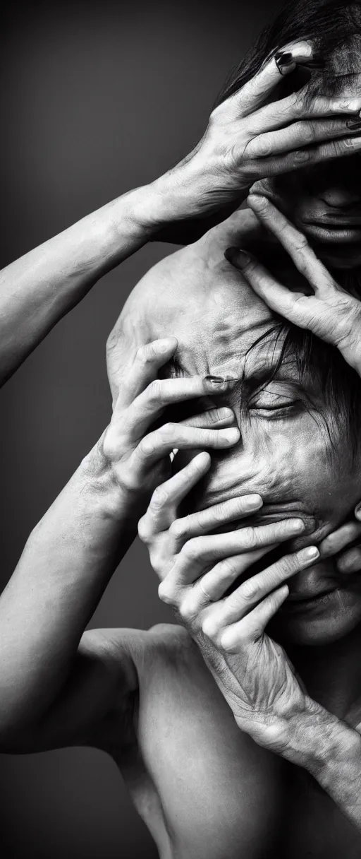 Prompt: super detailed studio portrait of and advanced alien doing facepalm when seeing human beings, artistic photo, noir, monochrome, dark atmosphere, commercial photography, fine art, leica