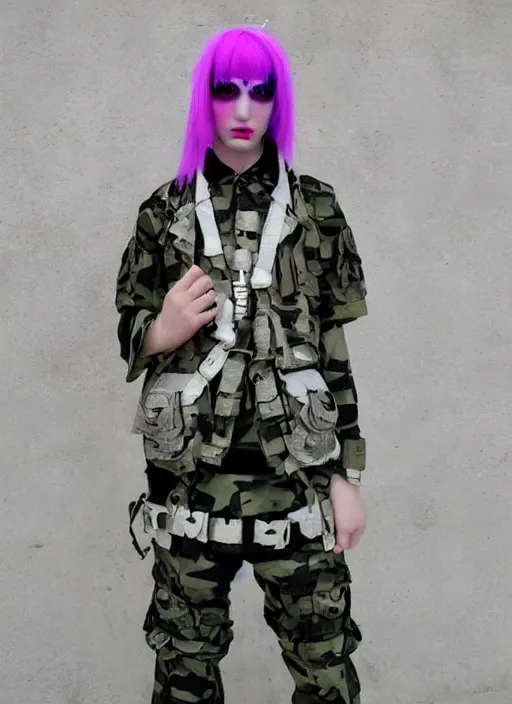 Prompt: cybergoth military fashion, decora pastel goth bladee