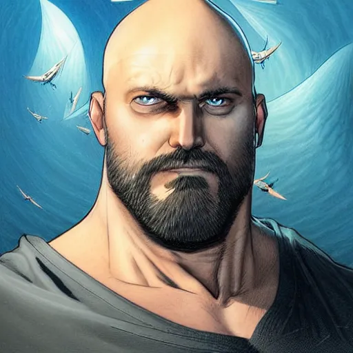 Image similar to chonky ethan van sciver with a bald head and grey trimmed beard with a pointy nose as a sea captain, beautiful artwork by artgerm and rutkowski, breathtaking, beautifully lit, dramatic, full view