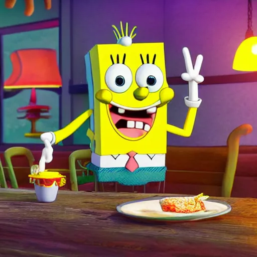 Image similar to hyperrealistic spongebob squarepants eating at the krusty krab, inspired by stephen hillenburg, perfect symmetry, dim volumetric cinematic lighting, 8 k octane comprehensive render, extremely hyper - detailed attributes & atmosphere, intricately proportional, masterpiece, artstation, stunning,