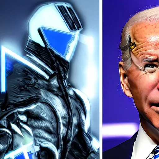 Prompt: joe biden as raiden from metal gear rising revengeance fighting donald trump as sentator armstrong