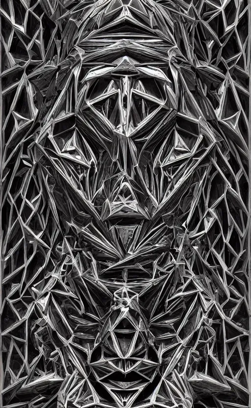 Image similar to a face made of black cast iron on a black background. gothic baroque. low poly. symmetry. epic. ominous shapes. hyper detailed.