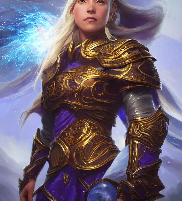 Image similar to Jaina Proudmore portrait, intricate arcane armor with glowing magical runes, flowing blue magical energy, subject in the middle of the frame, rule of thirds, golden ratio, elegant, digital painting, octane 4k render, zbrush, hyperrealistic, artstation, concept art, smooth, sharp focus, illustration from Warcraft by Ruan Jia and Mandy Jurgens and Artgerm and William-Adolphe Bouguerea