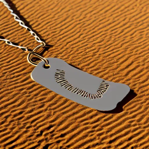 Prompt: desert dunes coveted in dog tags,