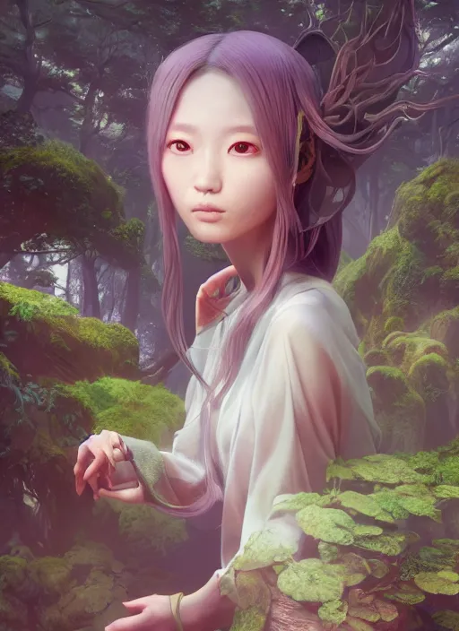 Image similar to breathtaking portrait of fantasy sorceress bright temple surrounded by lush forest meadow, by Hsiao-Ron Cheng and James jean and Miho Hirano and Hayao Miyazaki, octane render, RPG portrait, ambient light, dynamic lighting