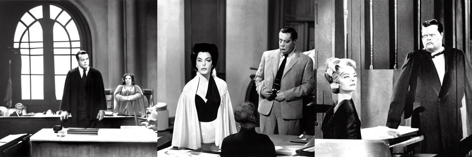 Prompt: still of the trial by orson welles starring ava gardner as the accused in the center of a large courtroom
