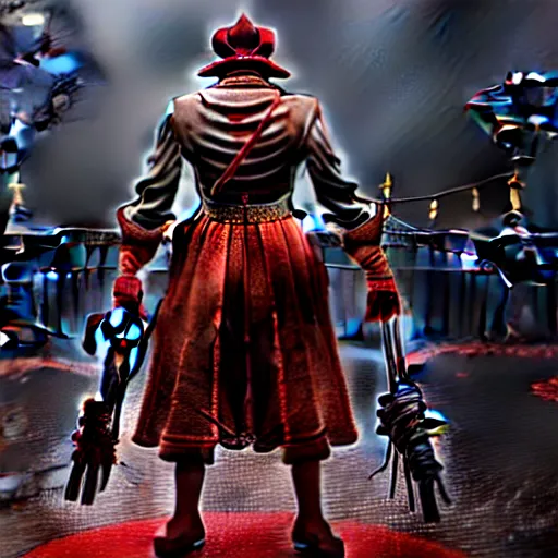 Image similar to Screenshot of Ronald McDonald in the game Bloodborne, highly detailed