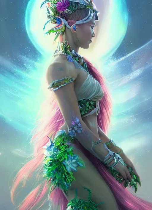 Image similar to portrait of Celestial Hawaiian Goddess of the Multiverse as a futuristic princess, inside future fighter, pink blush, rule of thirds, face anatomy, sci-fi, fantasy, intricate, lush garden spaceship, elegant, human anatomy, royal green and nature light, highly detailed, digital painting, artstation, concept art, smooth, sharp focus, illustration, art by tian zi and WLOP and alphonse mucha