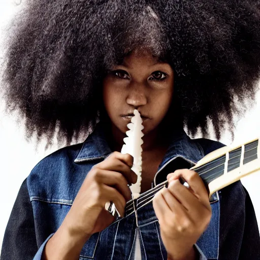 Image similar to 19-year-old black girl, African American girl, with long shaggy black hair, afro hair, wearing denim jacket and bell-bottom jeans, playing electric guitar, stoner metal concert, heavy blues rock, doom metal, 30mm photography