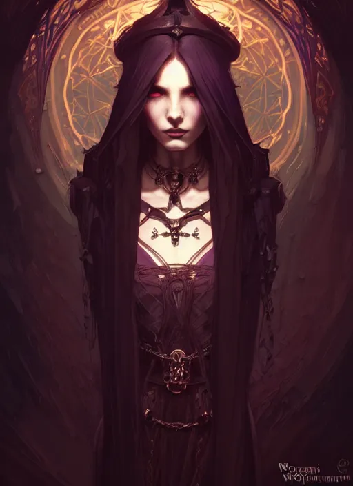 Image similar to Necromancer Sorceress, fantasy magic, undercut hairstyle, dark light night, intricate, elegant, sharp focus, illustration, highly detailed, digital painting, concept art, matte, art by WLOP and Artgerm and Greg Rutkowski and Alphonse Mucha, masterpiece