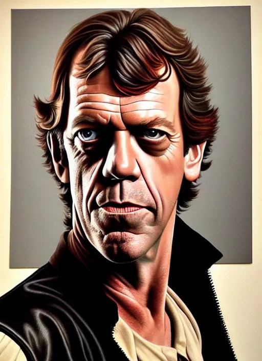 Image similar to upper body portrait of hugh laurie as han solo in star wars from 1 9 7 7, wearing han solo's clothes, wearing a black vest and a white shirt, hyperrealistic, very detailed painting by glenn fabry, by joao ruas, by artgerm