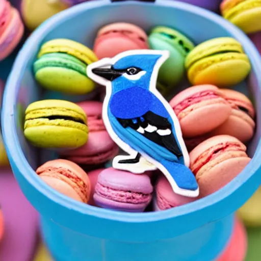 Image similar to A blue jay standing on a large basket of rainbow macarons.