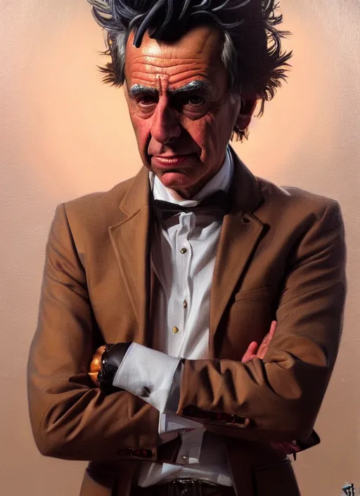 Prompt: oil portrait of rick sanchez, intricate, elegant, highly detailed, lighting, painting, artstation, smooth, illustration, art by greg rutowski and alphonse mucha