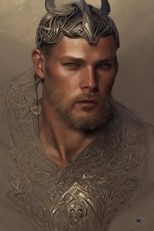 Prompt: male viking, intricate, elegant, highly detailed, digital painting, artstation, concept art, smooth, sharp focus, illustration, art by Krenz Cushart and Artem Demura and alphonse mucha