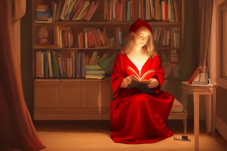 Prompt: A beautiful young woman sitting in her room reading a book. She is wearing a red robe and holding a quill pen. The room is dimly lit, with only a small lamp providing illumination. Fantasy, digital art, natural lighting, trending on artstation