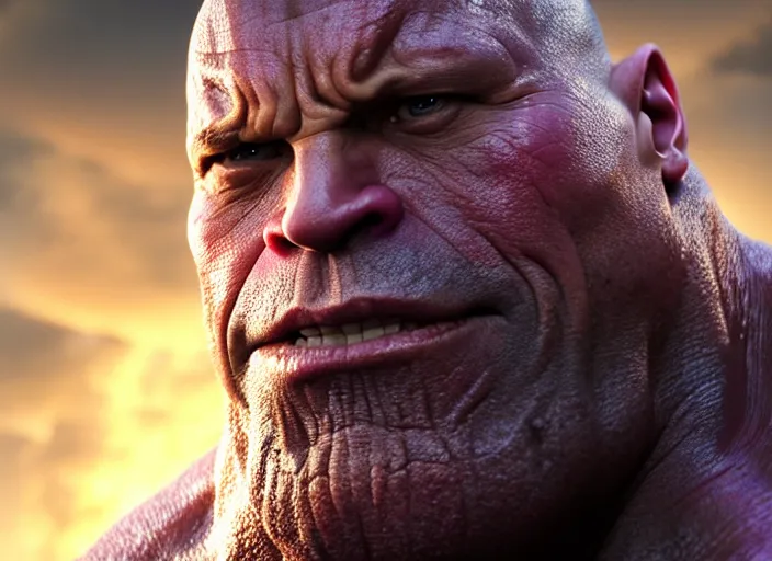 Image similar to Dwayne Johnson as Thanos, au naturel, hyper detailed, digital art, trending in artstation, cinematic lighting, studio quality, smooth render, unreal engine 5 rendered, octane rendered, art style by klimt and nixeu and ian sprigger and wlop and krenz cushart