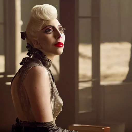 Image similar to still of early 2 0 s lady gaga in westworld tv series