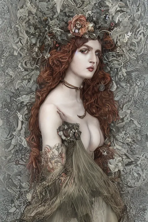 Image similar to An extremely beautiful pre-raphaelite ornate portrait of a very beautiful and cute witch, surreal, ultradetailed, intricate, elegant, digital art painting, concept art, smooth, sharp focus, poster art, art cover illustration, regal, award winning picture, extremely detailed masterpiece, sense of awe, featured on artstation, Artgerm, effervescent punk kawaii-noir pastel bubbles, winning award piece, ethereal rainbows, Aetherpunk, low-key neon lightning, stormy weather, Exquisite floral details, 8K detail post-processing, matte, oil painting