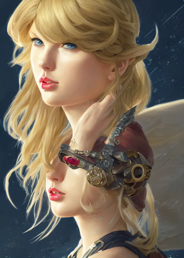 Prompt: portrait of taylor swift as marle from chrono trigger, elegant, flat lighting, intricate, highly detailed, digital painting, artstation, concept art, smooth, sharp focus, illustration, closeup, misa amane, art by simon bisley and greg rutkowski and alphonse mucha